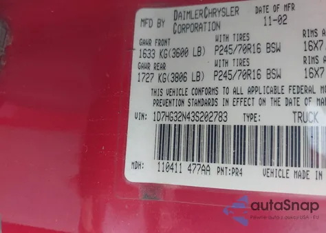 2003 Dodge Dakota Sport из США, поврежденный, VIN 1D7HG32N43S202783